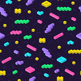 Retro memphis seamless pattern in bright colors. Repeatable background with 3d mosaic geometric shapes.
