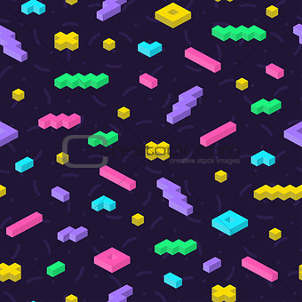 Retro memphis seamless pattern in bright colors. Repeatable background with 3d mosaic geometric shapes.