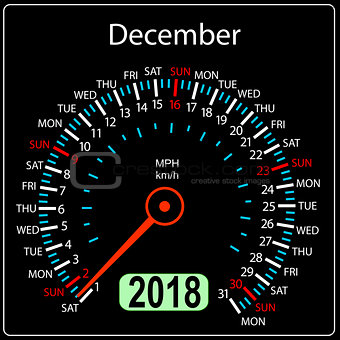Year 2018 calendar speedometer car in concept. December