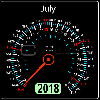Year 2018 calendar speedometer car in concept. July