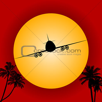  Airplane silhouette over red sky and sun