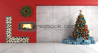 Minimalist Living room with fireplace and christmas tree
