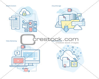 Set of concept line icons for mobile services and solutions, cloud storage, video marketing, data protection
