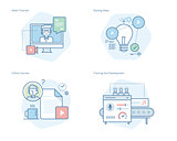 Set of concept line icons for education, video tutorials, online courses, training and development, sharing ideas