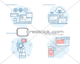Set of concept line icons for project management, business data security, video conferencing, business live streaming