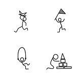 Cartoon icons set of sketch little people in cute miniature scenes.