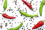 Food background, red and green chili pepper on white background