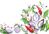 Food background, herbs and spices on white background