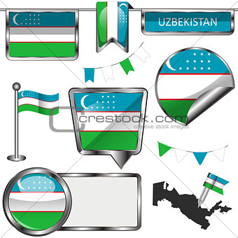 Glossy icons with flag of Uzbekistan