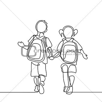 Boy and girl going back to school with bags.