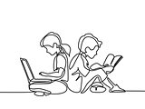 Boy and girl with notebook and reading book
