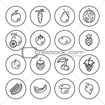 Fruits and vegetables outline icon set