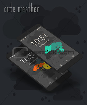Cute weather moile app screens on 3d smartphone mockups