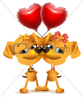 Dog couple love and red balloons of heart shape