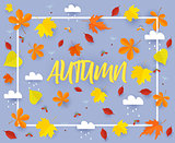 Autumn. Fall banner background template with beautiful colorful autumn leaves and rain clouds.Cut from paper vector illustration.