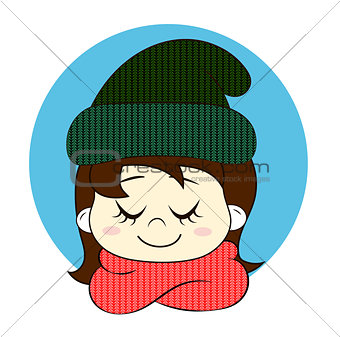 Girl in knitted hat and scarf. Hello winter illustration.