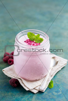 Natural homemade yogurt with raspberry