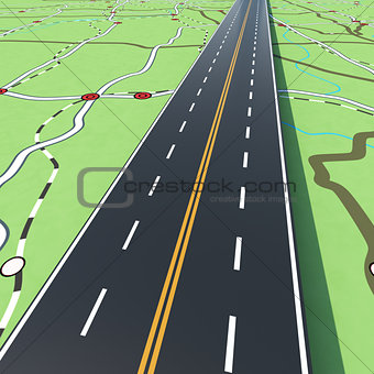 Highway on a road map. 3D Rendering