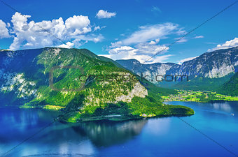 Panoramic view on Austrian mountains Alps lake