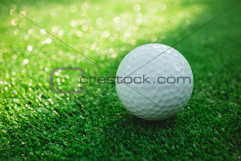 Golf ball with putter on green course. Selective focus