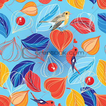 Seamless vector pattern of leaves and physalis 