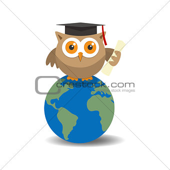 Owl graduate on globe with shade on white background