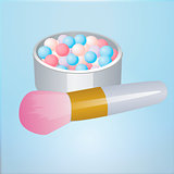 Realistic mockup open bronzing pearls box with makeup brush applicator. Vector illustration.