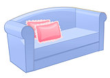 Blue sofa with pink pillow isolated on white background. Vector illustration