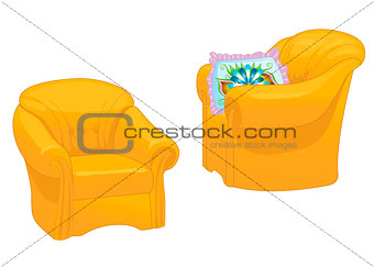 Two yellow armchairs with pillow isolated on white background. Vector illustration