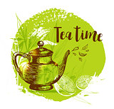 Teapot and lemon on a green background