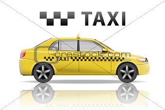 Yellow taxi cab isolated on white background. Realistic city taxi mockup. Vector illustration