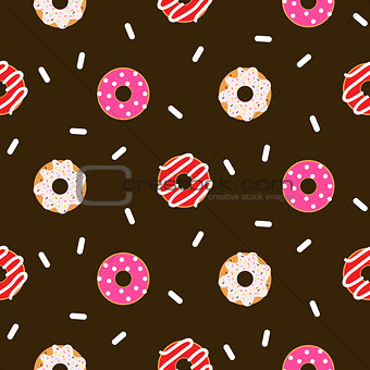 Donut pink glazed seamless chocolate vector pattern.