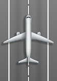 Airstrip with white airplane. Plane mockup top view. Travel agency advertisement poster design. Vector illustration