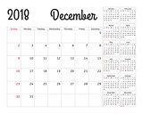Simple calendar planner for 2018 year. Vector design December template. Set of 12 months. Week starts sunday. Calendar planning week.