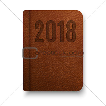 Realistic brown notebook with black elastic band. Top view diary template. Vector notepad mockup. Closed diary for 2018 year.