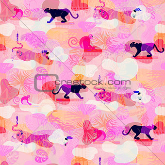 Pink eclectic rainforest wild animals and plants camo seamless pattern.