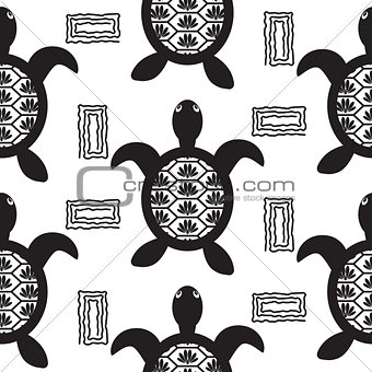 Turtle black stencil seamless vector pattern.
