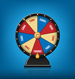 Color Lucky Wheel Template. Realistic Wheel of Fortune isolated on blue background. Vector illustration