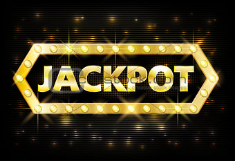 Jackpot gold casino lotto label with glowing lamps on black background. Casino jackpot winner design gamble with shining text in vintage style. Vector illustration