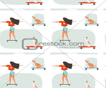 Hand drawn vector cartoon drawing summer time fun seamless pattern illustration with young girl riding on longboard and dogs on skateboards isolated on white background.