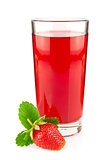 Glass of organic juice and fresh strawberry with green leaves