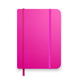 Realistic pink notebook with elastic band and bookmark. Top view diary template. Closed diary. Vector notepad mockup.