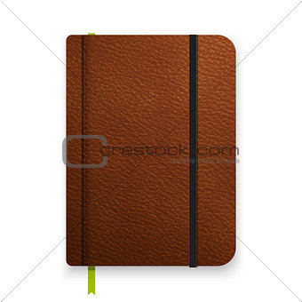 Realistic leather brown notebook with black elastic band. Top view diary template. Vector notepad mockup. Closed diary with green bookmark.