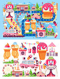 Set vector illustration business selling different kinds ice cream sale food with machine, meal on wheels clown amusement park sweets vanilla chocolate fruit filling cafe near road in flat style