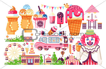Vector isolated illustration business selling ice cream sale of food with machine, meal on wheels clown amusement park sweet vanilla chocolate fruit filling cafe road flat style white background