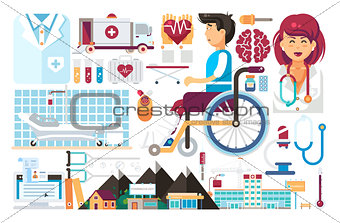 Vector set isolated design element medicine health care of patient medical insurance treatment illness recovery doctor nurse ambulance hospital pharmacy polyclinic flat style on white background