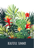 Floral vertical postcard design with guzmania and hibiscus flowers, monstera and royal palm leaves. Exotic hawaiian vector background.