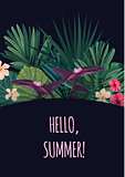 Floral vertical postcard design with hibiscus flowers, monstera and royal palm leaves. Exotic hawaiian vector background.