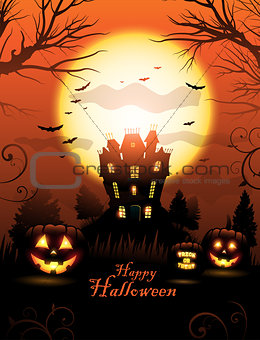Orange Halloween haunted house background
