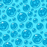 Seamless pattern with soap bubbles in flat style on blue background.